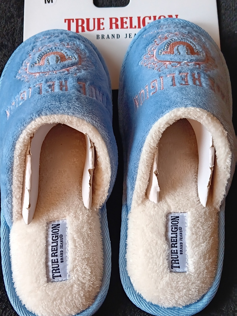 True Religion Sky Blue & Pink Plush Slip-On House Slippers Women's Size M New - Picture 2 of 4